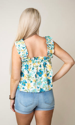 Sunlit Floral Top - Ivory/Blue/Yellow Mix