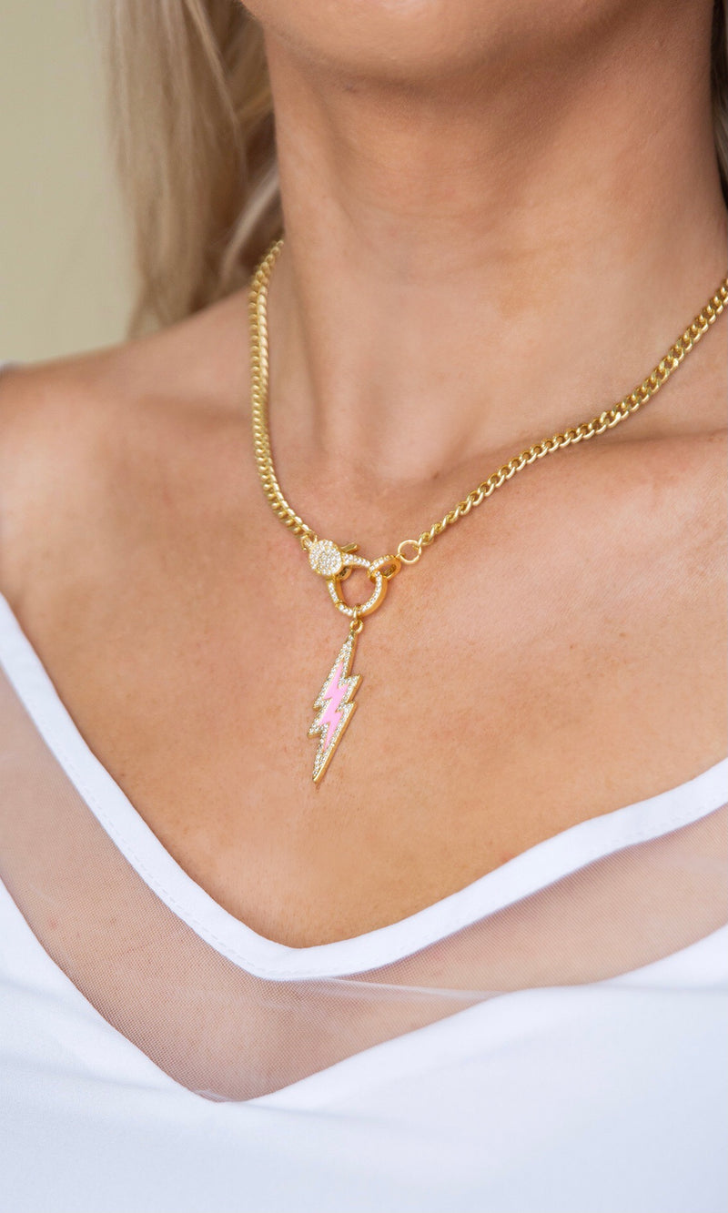 Diamond Lightning Bolt Necklace - Pink