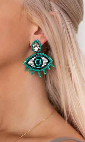 Evil Eye Diamond Beaded Earrings - Turquoise