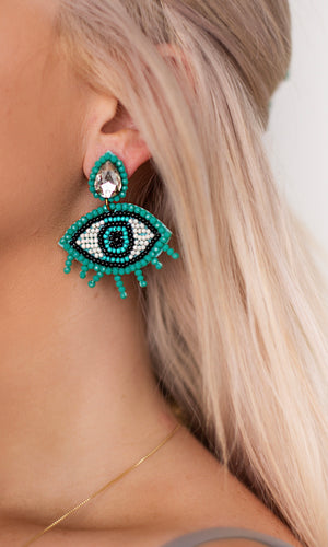 Evil Eye Diamond Beaded Earrings - Turquoise