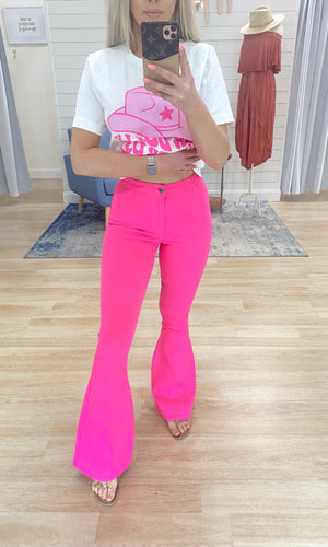 Take Me Down Town Flare Pink Jeans - Hot Pink